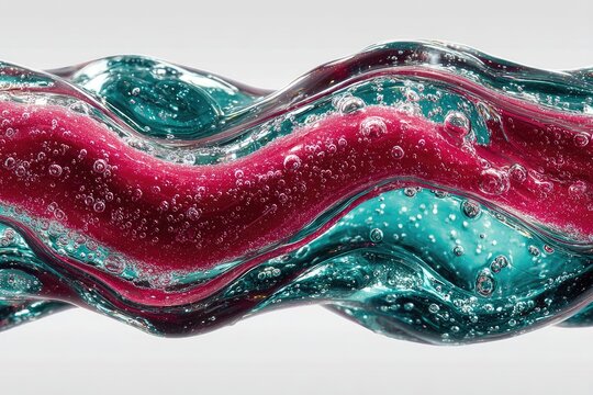 Wavy, translucent liquid stream, pink core, teal outer layers, air bubbles