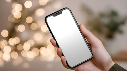 Smartphone held in hand against a blurred holiday background.