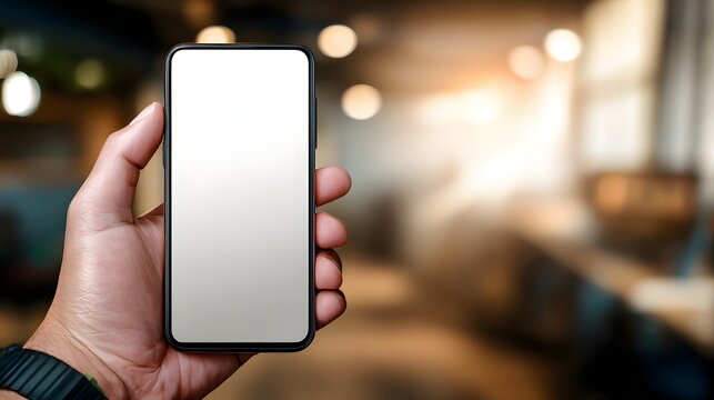 Hand holding a smartphone with blank screen against a blurred cafe interior. - Powered by Adobe