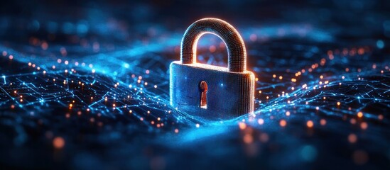 Glowing digital padlock surrounded by interconnected light nodes symbolizing network security and data protection in a futuristic environment