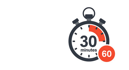 30 minutes timer icon. Stopwatch symbol showing a half-hour countdown. Vector illustration for time management and deadline concepts.