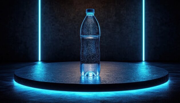 Plastic water bottle filled with sparkling water placed on a round illuminated platform with blue neon lights in a dark room creating a futuristic atmosphere