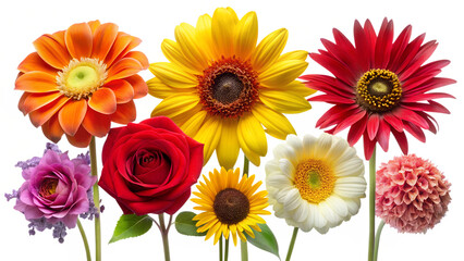 Photo of a vibrant arrangement of assorted flowers including roses, sunflowers, and gerberas in various colors, showcasing natural beauty and floral diversity isolated on transparent background