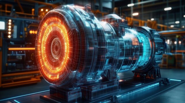 Futuristic industrial machine with glowing orange and blue digital wireframe overlay in a high-tech factory setting - Powered by Adobe
