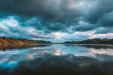 Serene lake scene under dramatic clouds