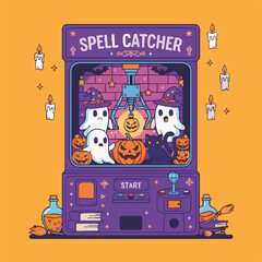 Adorable cartoon ghosts and pumpkins inside a purple "Spell Catcher" claw machine, surrounded by Halloween decorations and glowing candles.