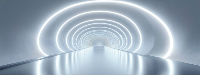 Naklejka premium Futuristic tunnel with curved walls illuminated by concentric glowing white light strips and smooth reflective floor