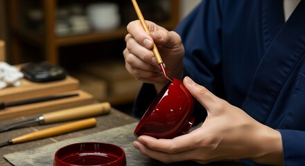 Hands of Artisan Applying Red Urushi Lacquer to Traditional Japanese Bowl with Fine Brush