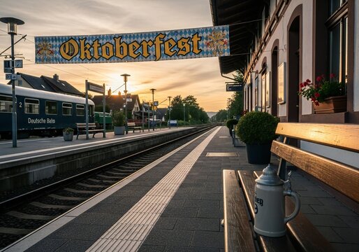 Oktoberfest A train station platform with an Oktoberfest banner train and beer stein on a bench - Powered by Adobe