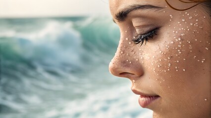 Obraz premium Reef-safe sunscreen grains on cheek, salt-spray glistening on lashes, misted glow.