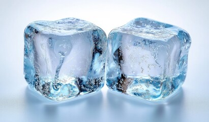 Obraz premium Two transparent ice cubes with visible water bubbles and reflections on a smooth surface with a soft cool light background