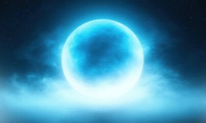 Fototapeta premium Glowing large blue moon surrounded by mist and faint stars in a dark night sky evoking a serene and mystical atmosphere