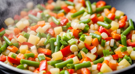 Sizzling Vibrant Mixed Vegetables Stir-Frying in a Hot Pan for a Healthy and Nutritious Meal