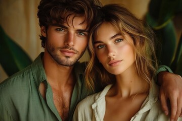 Fototapeta premium close-up portrait of a young man and woman with relaxed expressions embracing each other in natural light with a blurred green background