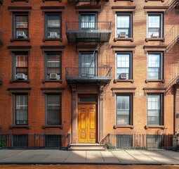 Fototapeta premium Sunlit brick residential building facade with symmetrical windows, air conditioning units, black metal fire escapes, and a wooden front door casting warm shadows
