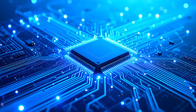 Futuristic Blue Microchip Surrounded by Circuitry and Digital Connective Patterns in Advanced Technology Environment