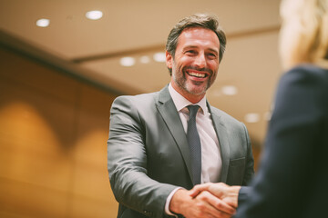 Naklejka premium Smiling businessman in suit shaking hands during meeting