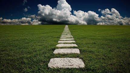 Long stone path stretching across a vibrant green grass field under a dramatic blue sky with large white clouds
