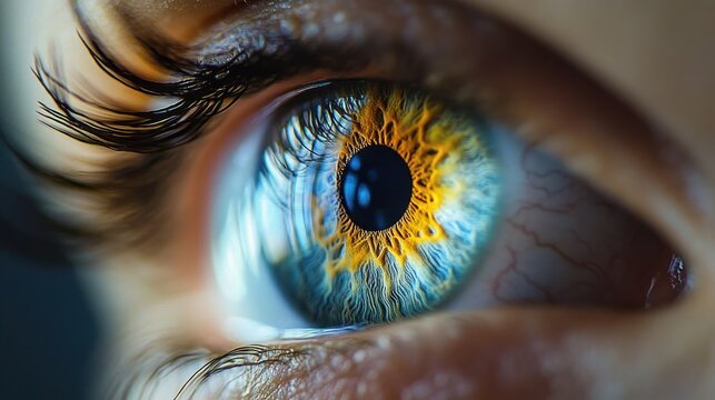 Extreme close-up of a human eye showing detailed iris with vibrant blue and yellow colors and visible eyelashes, conveying curiosity and intensity