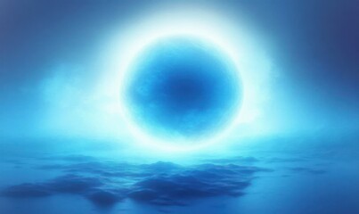 Glowing blue celestial sphere hovering above a misty landscape with smooth hills under a soft glowing sky