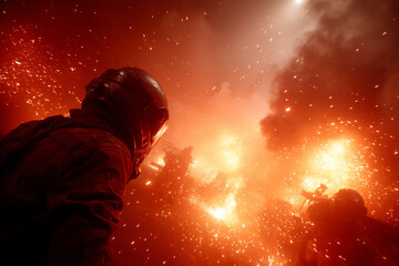 Fototapeta premium Firefighter in protective gear surrounded by flames and smoke