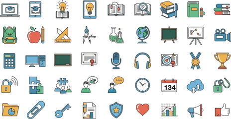 Assorted education and learning icons arranged on a white background