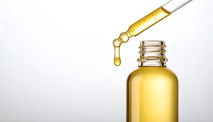 Close-Up of a Glass Dropper Releasing Yellow Oil from a Bottle Against a Clean Background