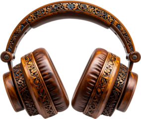 Intricately carved wooden headphones featuring detailed floral and geometric patterns, showcasing craftsmanship and unique design.