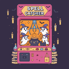 A whimsical Halloween-themed arcade claw machine game featuring ghosts, pumpkins, and a cauldron.