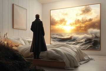 a person in a long dark coat stands on a bed looking out at a large window or screen showing a dramatic ocean sunset with crashing waves and cloudy sky in a minimalist bedroom