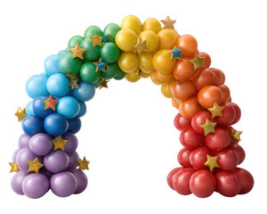 Rainbow balloon arch with colorful balloons and gold star decorations, festive party decoration for celebration, joyful and vibrant atmosphere, isolated on transparency background