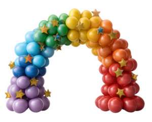Rainbow balloon arch with colorful balloons and gold star decorations, festive party decoration for celebration, joyful and vibrant atmosphere, isolated on transparency background