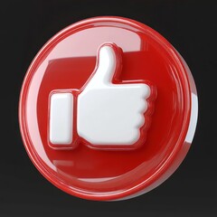 3D rendering of a white thumbs up icon on a shiny red circular button with dark background, symbolizing approval or liking