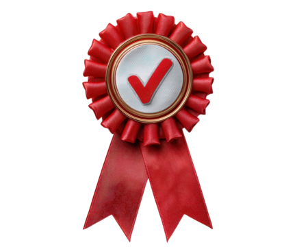 Red ribbon award badge check mark best seller round rosette winner achievement isolated symbolizes success and recognition with bold and celebratory design