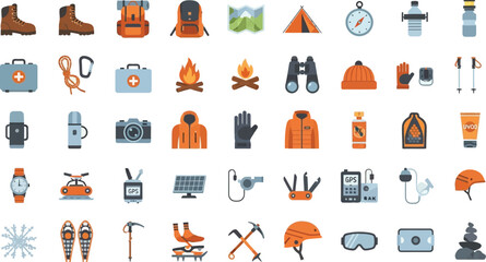 Illustration of hiking and camping equipment arranged on white background
