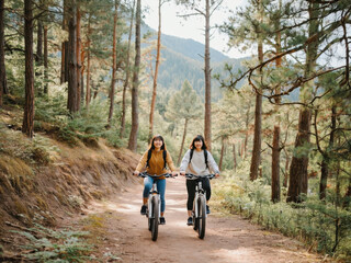 Friends Enjoy Biking Through a Forest Trail on a Sunny Afternoon