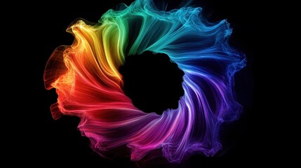 Vibrant swirling ring of colorful light waves transitioning smoothly through a spectrum of red, orange, yellow, green, blue, and purple on a black background, evoking energy and motion