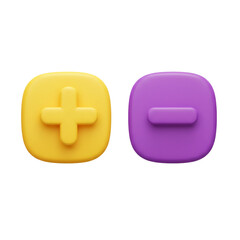Obraz premium Playful rendered symbols of addition and subtraction in vibrant yellow and purple colors represent mathematical concepts.
