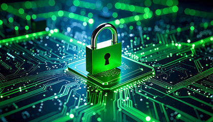 Digital Lock Symbolizing Security and Protection in a Network of Green Circuits and Technology Imagery
