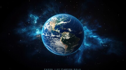 Obraz premium Bright detailed view of Earth from space showing North and South America against a backdrop of stars and glowing cosmic clouds, evoking a sense of wonder and vastness