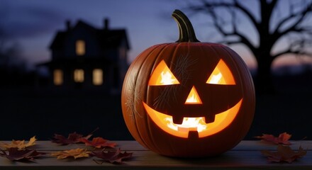 A glowing jackolantern sits a wooden table at twilight, embodying spooky spirit of halloween with its carved face and festive, eerie light