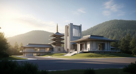 Modern Japanese Pagoda and Temple Architecture in Mountain Landscape at Golden Hour