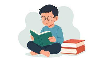 Child reading book with stack of books nearby