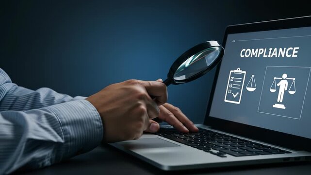 Compliance Check: Ensuring Business Regulations with Magnifying Glass & Laptop - Law, Standards, and Legal Audit Guide