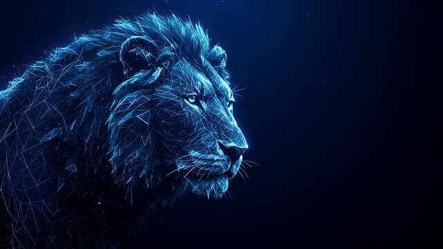 Majestic blue wireframe lion head with glowing mane animation  
