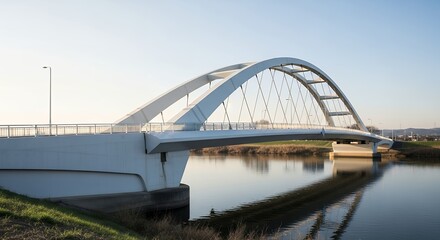 Obraz premium Modern White Arch Bridge Spanning a Tranquil River Under a Clear Daytime Sky