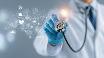 A medical worker using virtual with health care icons, medical technology background, health insurance business.Health Insurance, telemedicine, virtual hospital, family medicine concept