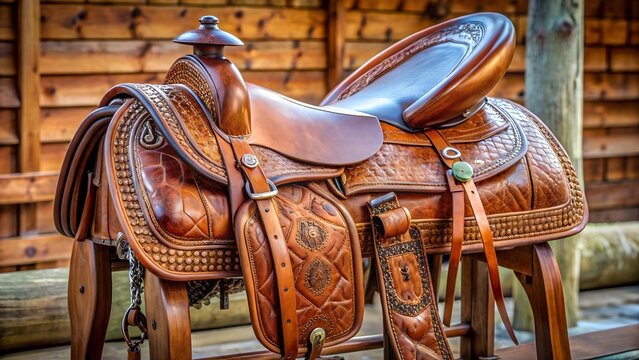 This stunning image showcases a detailed leather saddle, ornately designed and meticulously crafted, sitting elegantly on a wooden