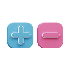 Fototapeta premium Colorful rendered addition and subtraction symbols in rounded square shapes representing mathematical concepts.