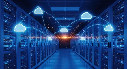 Futuristic Data Center with Cloud Computing, Artificial Intelligence, and Digital Network Visualization Modern server room with glowing cloud icons, cybersecurity data streams and AI-driven digital 